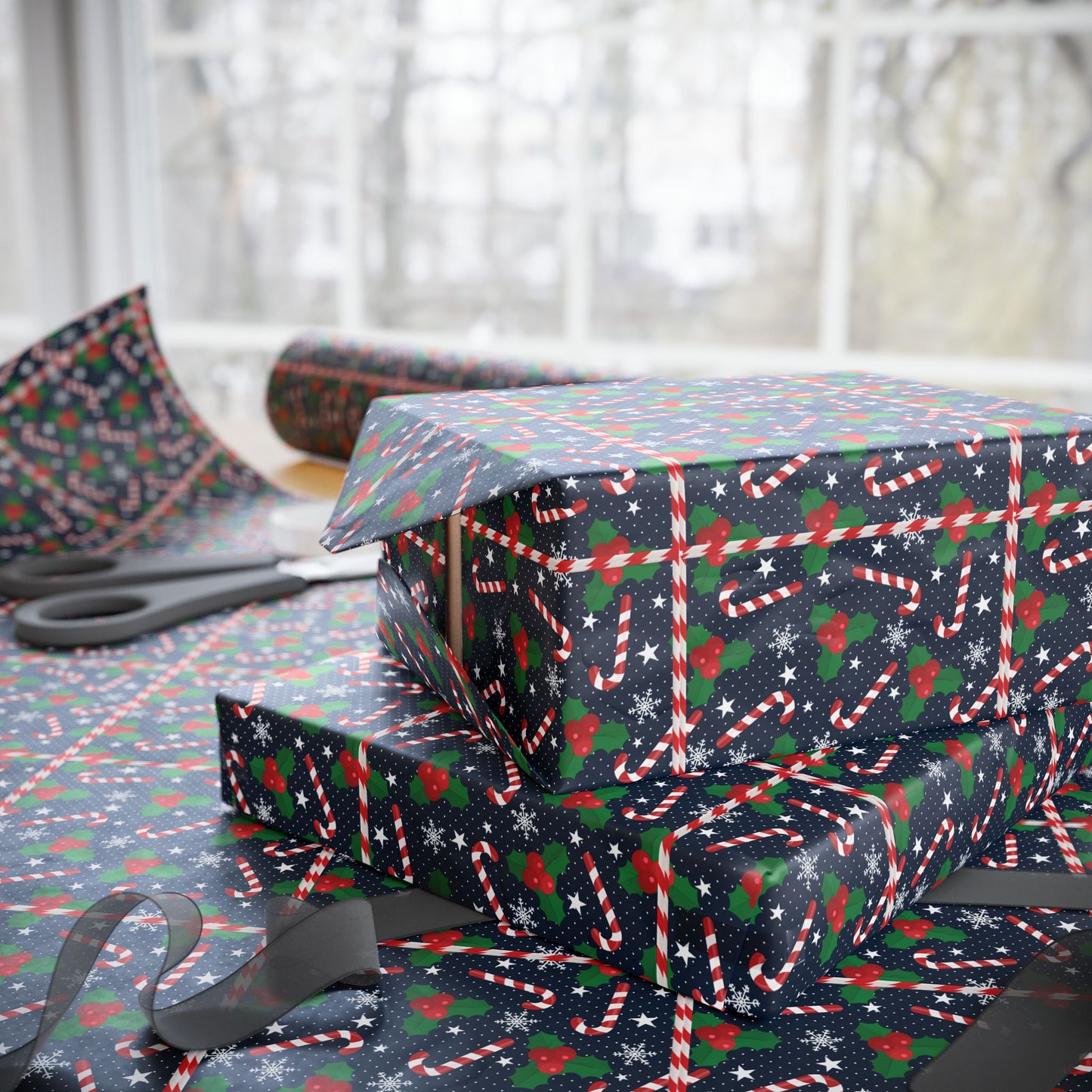 Christmas Candy Cane Wrapping Paper, Festive Holiday Gift Wrap, Holly and Snowflake Design Seasonal Christmas Paper