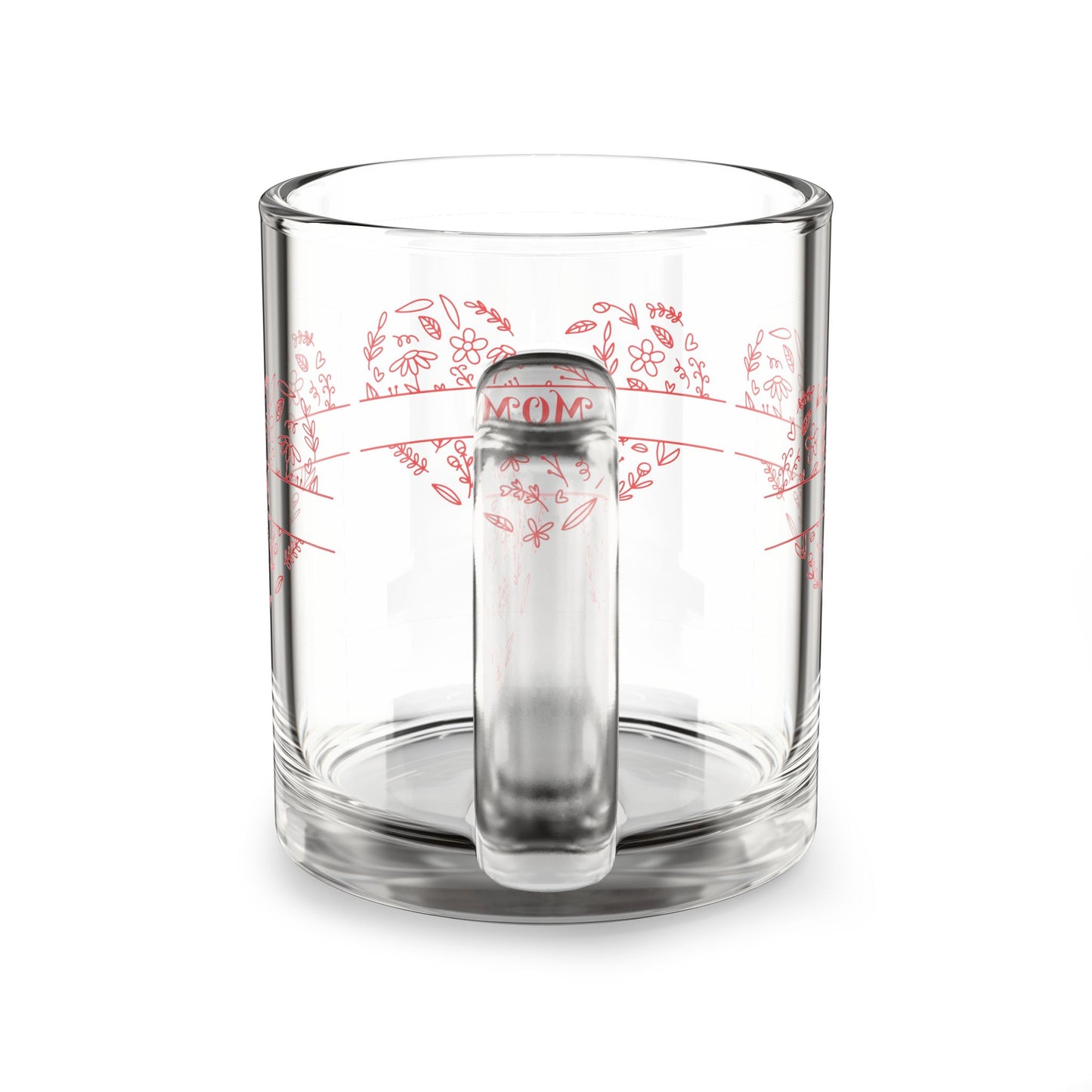 Transparent Mom Drinkware, 10oz Glass Mom Heart Mug, Hand Drawn Floral Heart Glass Mug, Clear Floral Glass Mug, Etched Mom Heart Glass Mug