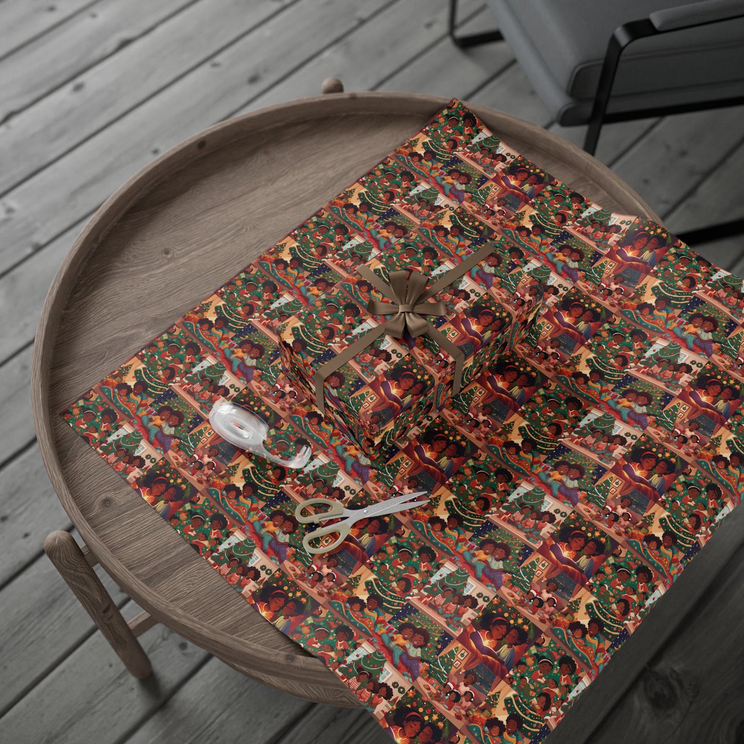 Children Storytime Christmas Scene Wrapping Paper African American Family Holiday Gift Wrap Black Kids Xmas Wrap