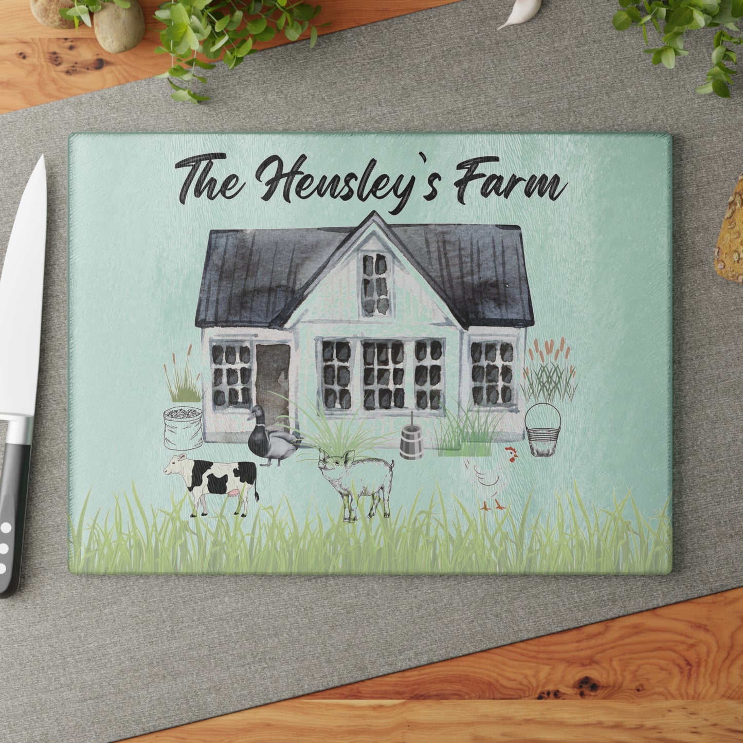 Farm Animal Cutting Board, Vintage Farmhouse Glass Cutting Board, Country Glass Chopping Board, Personalized Glass Cutting Board