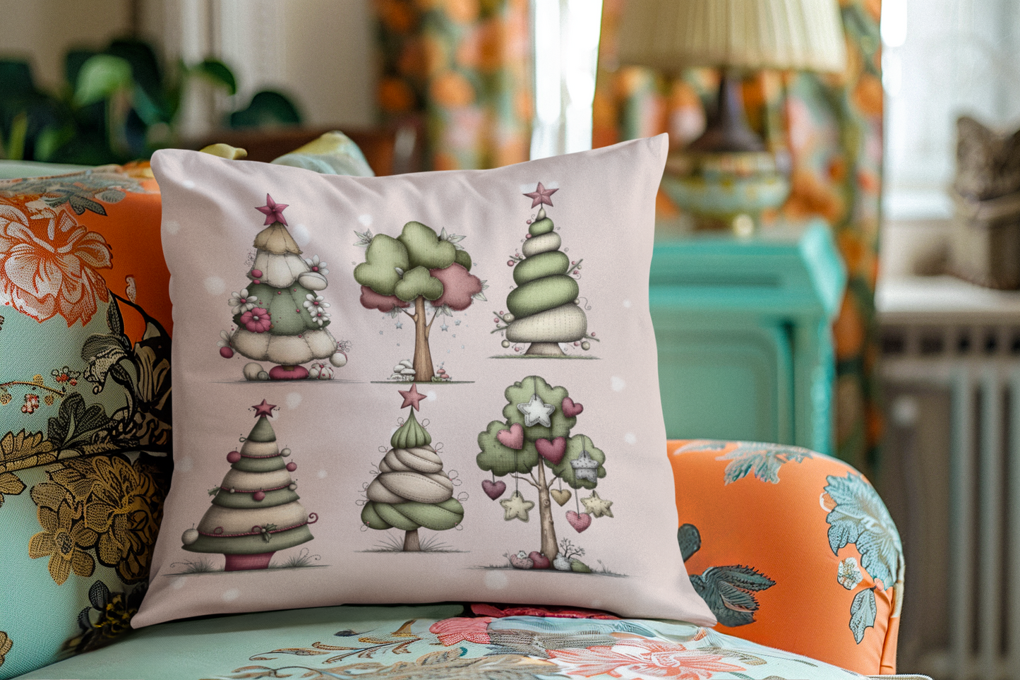 Whimsical Christmas Tree Throw Pillow – Soft Pastel Holiday Cushion | Festive Cozy Winter Decor | Christmas Gift for Her