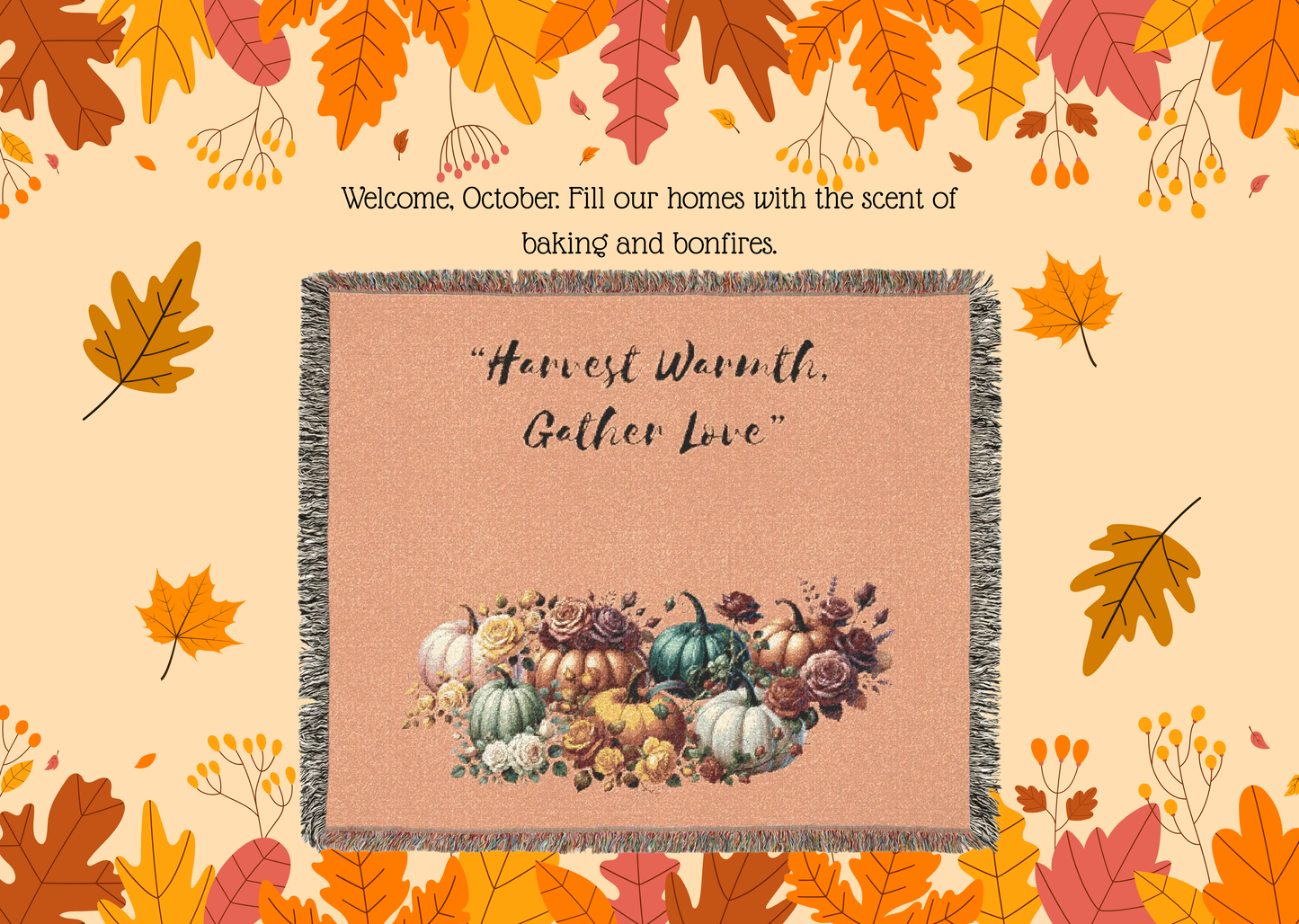 Harvest Warmth Gather Love Woven Blanket Fall Floral Pumpkin Throw Cozy Autumn Home Décor Blanket Rustic Thanksgiving Gift