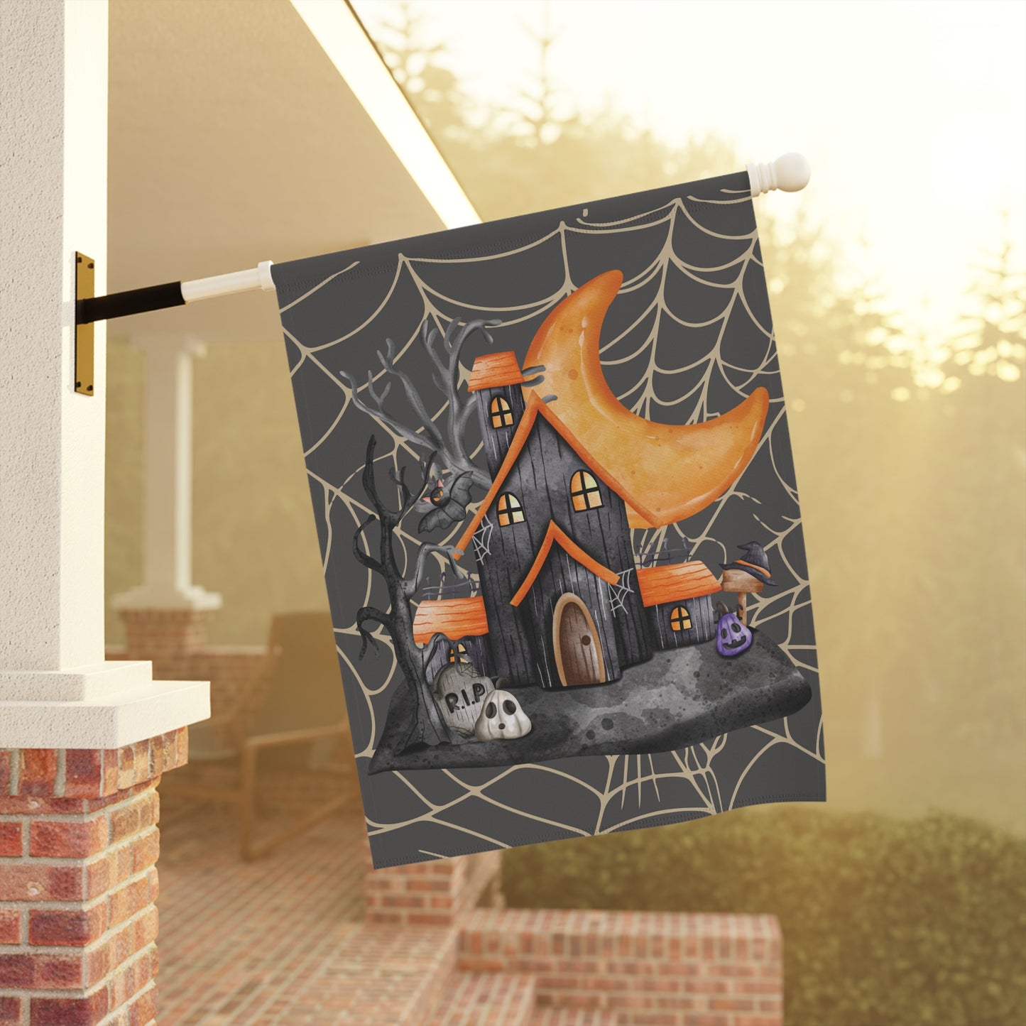 Haunted House Halloween Flag, Outdoor Porch & Garden Decoration, Spook House Flag, Creepy Yard Banner, Crescent Moon & Spiderweb Yard Flag