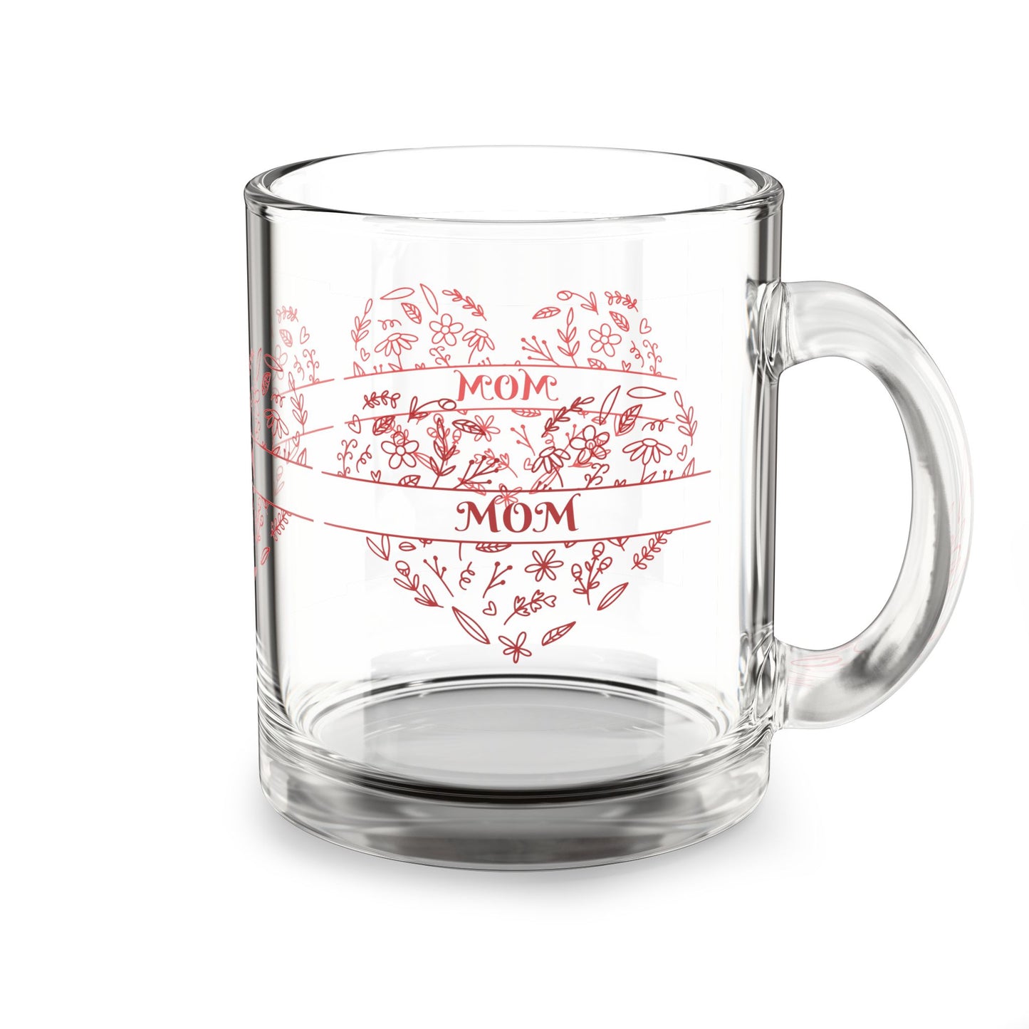 Transparent Mom Drinkware, 10oz Glass Mom Heart Mug, Hand Drawn Floral Heart Glass Mug, Clear Floral Glass Mug, Etched Mom Heart Glass Mug