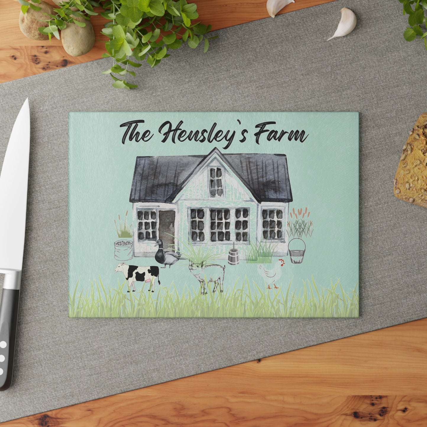 Farm Animal Cutting Board, Vintage Farmhouse Glass Cutting Board, Country Glass Chopping Board, Personalized Glass Cutting Board