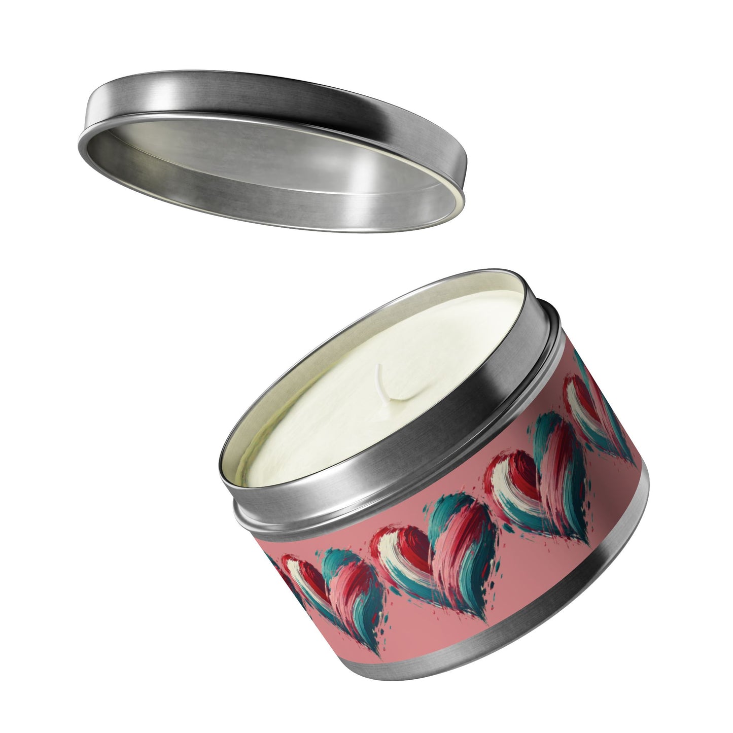 Valentine Heart Candle Tin – Romantic Brush Stroke Design, Love Aromatherapy Candle, Pink & Teal Heart Art Gift for Her