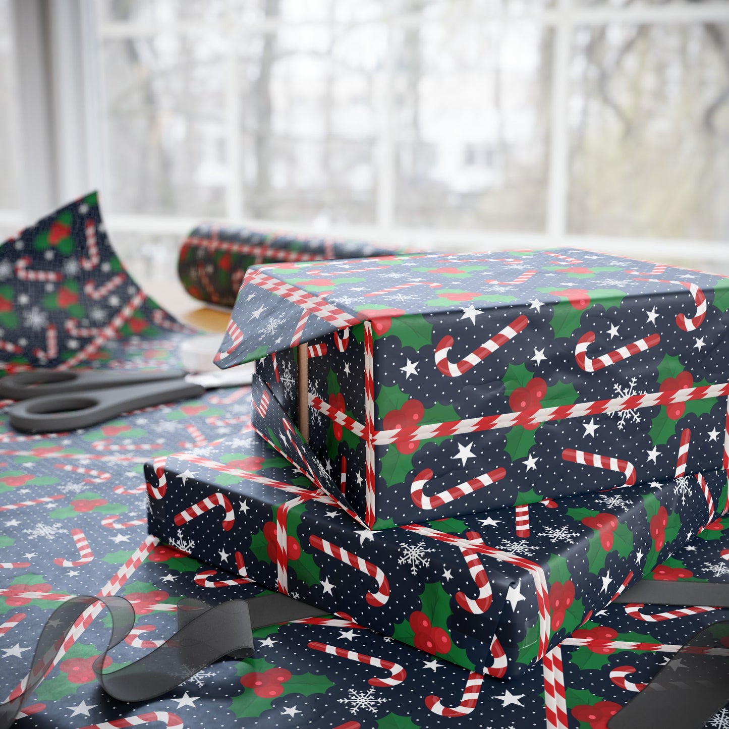 Christmas Candy Cane Wrapping Paper, Festive Holiday Gift Wrap, Holly and Snowflake Design Seasonal Christmas Paper