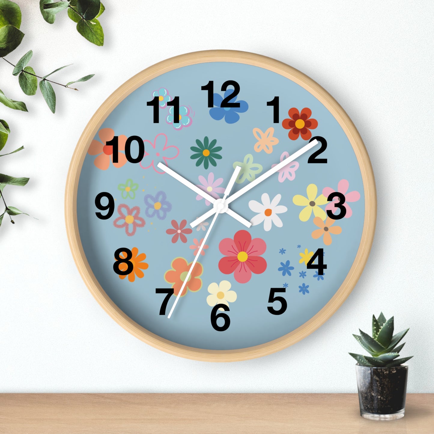 Daisy Floral Clock, Daisy Design Clock, Colorful Flower Clock, Daisy Flower Clock, Blue Numbers Clock, Spring Clock, Numbers Wall Clock.