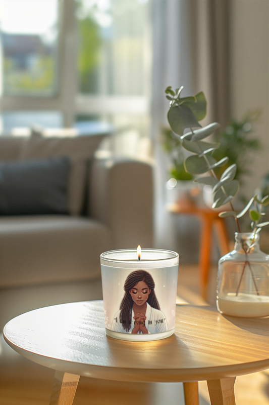 Frosted Religious Glass Candle, 11oz - Young Lady Praying Glass Candle