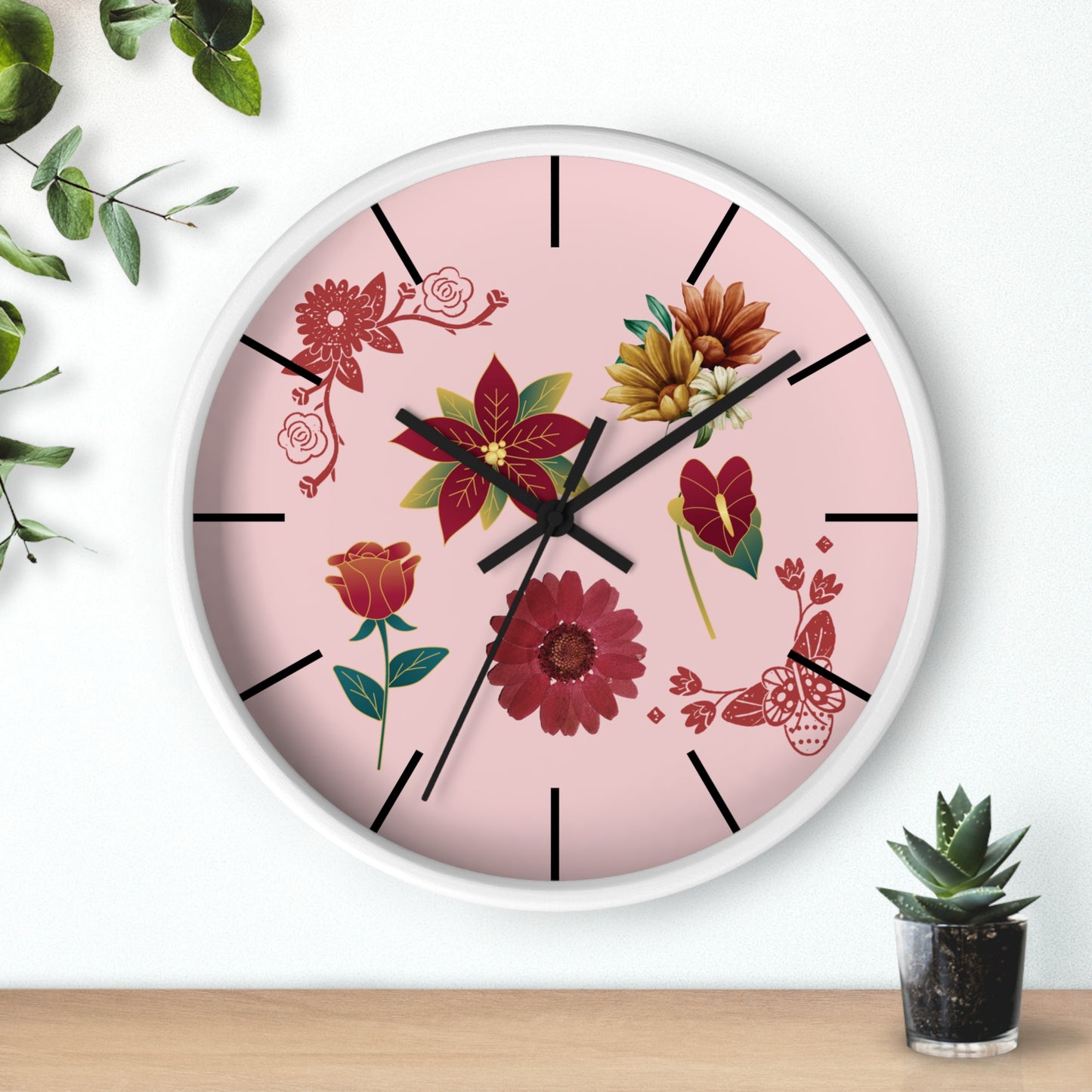 Red Floral Hand Clock, Pink Red Floral Wall Clock, Red Floral Wall Clock, Wildflower Wall Clock, Lined Wall Clock, Red Flower Wall Clock.