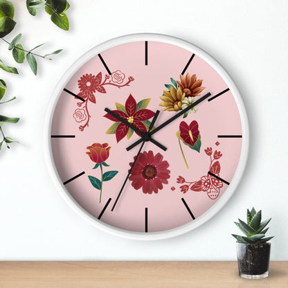 Red Floral Hand Clock, Pink Red Floral Wall Clock, Red Floral Wall Clock, Wildflower Wall Clock, Lined Wall Clock, Red Flower Wall Clock.