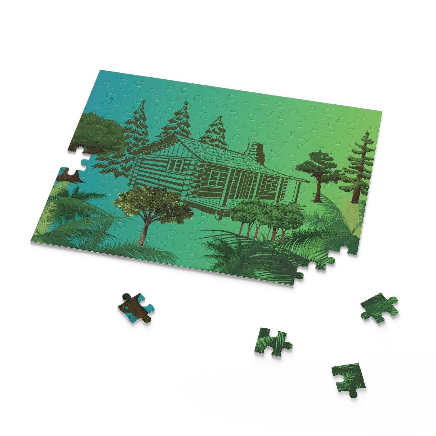 Log Cabin Jigsaw Puzzle, Outdoor Jigsaw Puzzle, Trees in Forest Puzzle, Log Cabin Puzzle, Green Forest Puzzle, Forest Jigsaw Puzzle.