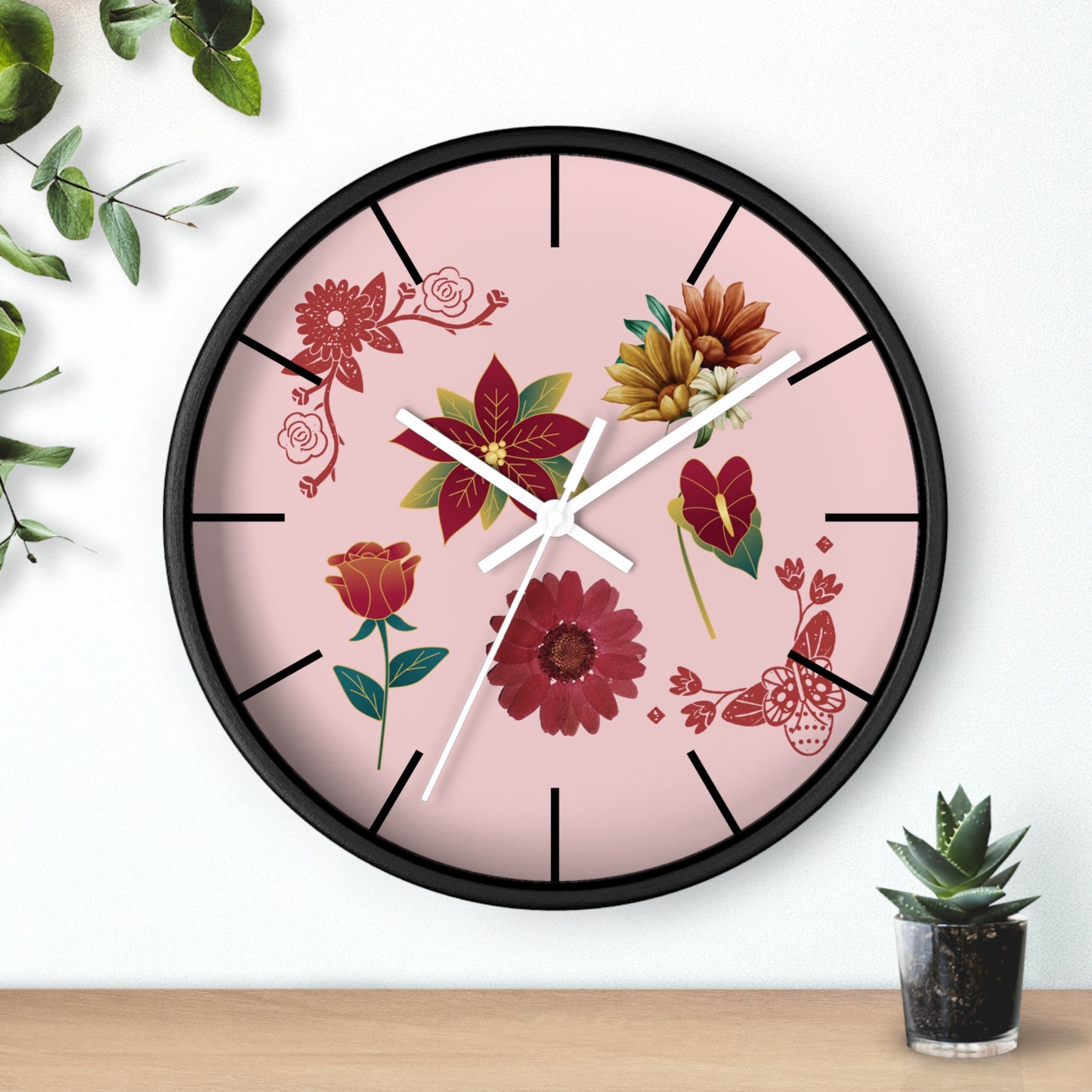 Red Floral Hand Clock, Pink Red Floral Wall Clock, Red Floral Wall Clock, Wildflower Wall Clock, Lined Wall Clock, Red Flower Wall Clock.