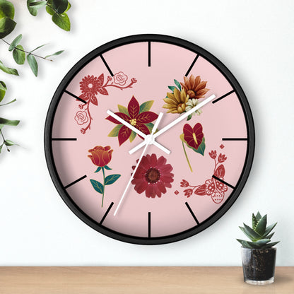 Red Floral Hand Clock, Pink Red Floral Wall Clock, Red Floral Wall Clock, Wildflower Wall Clock, Lined Wall Clock, Red Flower Wall Clock.