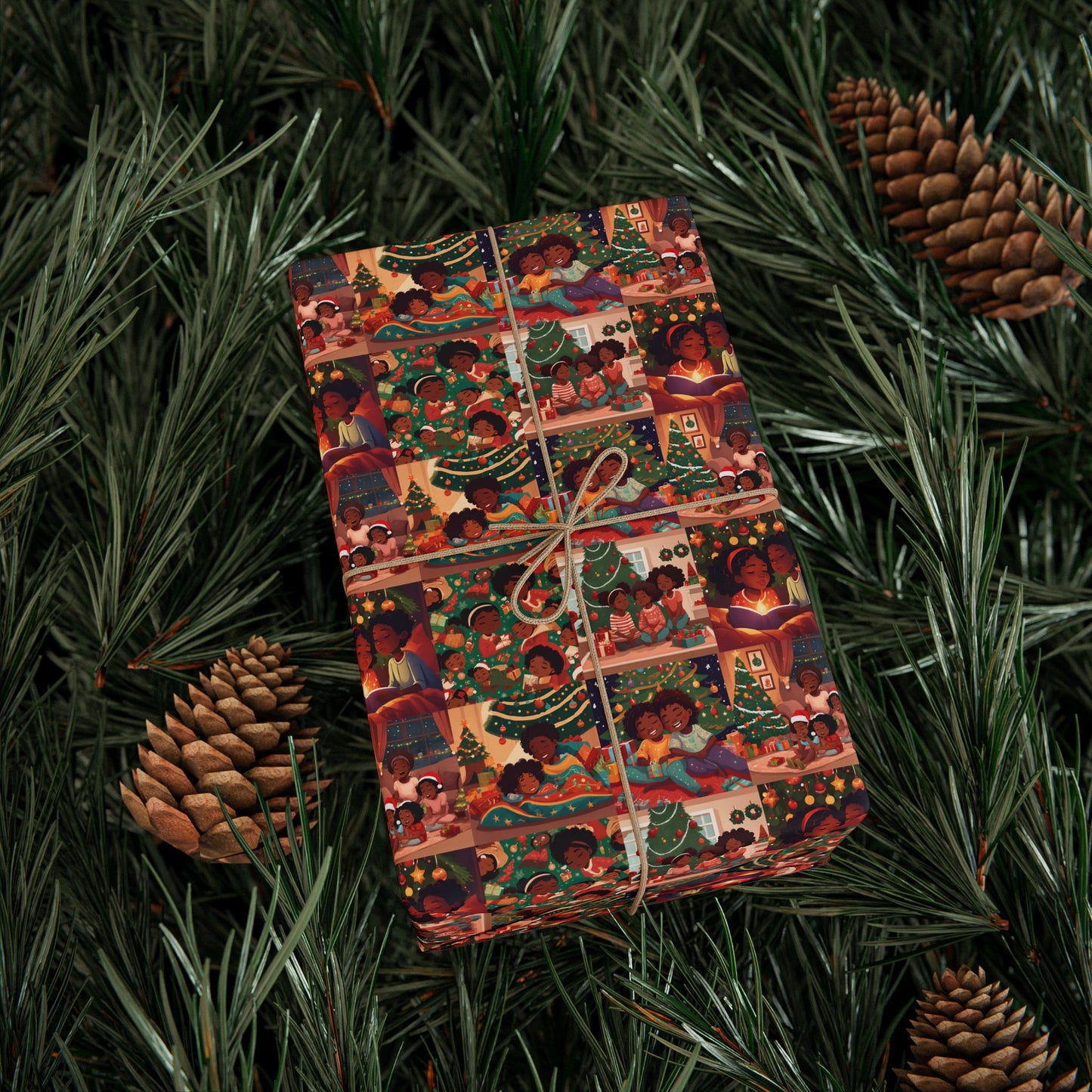 Children Storytime Christmas Scene Wrapping Paper African American Family Holiday Gift Wrap Black Kids Xmas Wrap