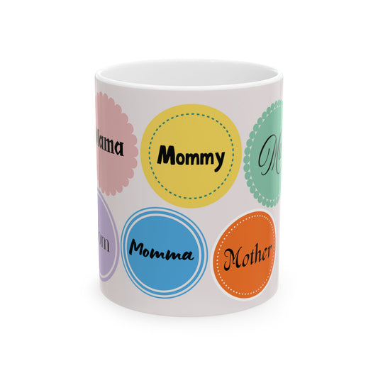 Colorful Mom Names Mug – Mother’s Day Coffee Cup Gift, Typography Tribute Mug for Mom from Daughter or Son