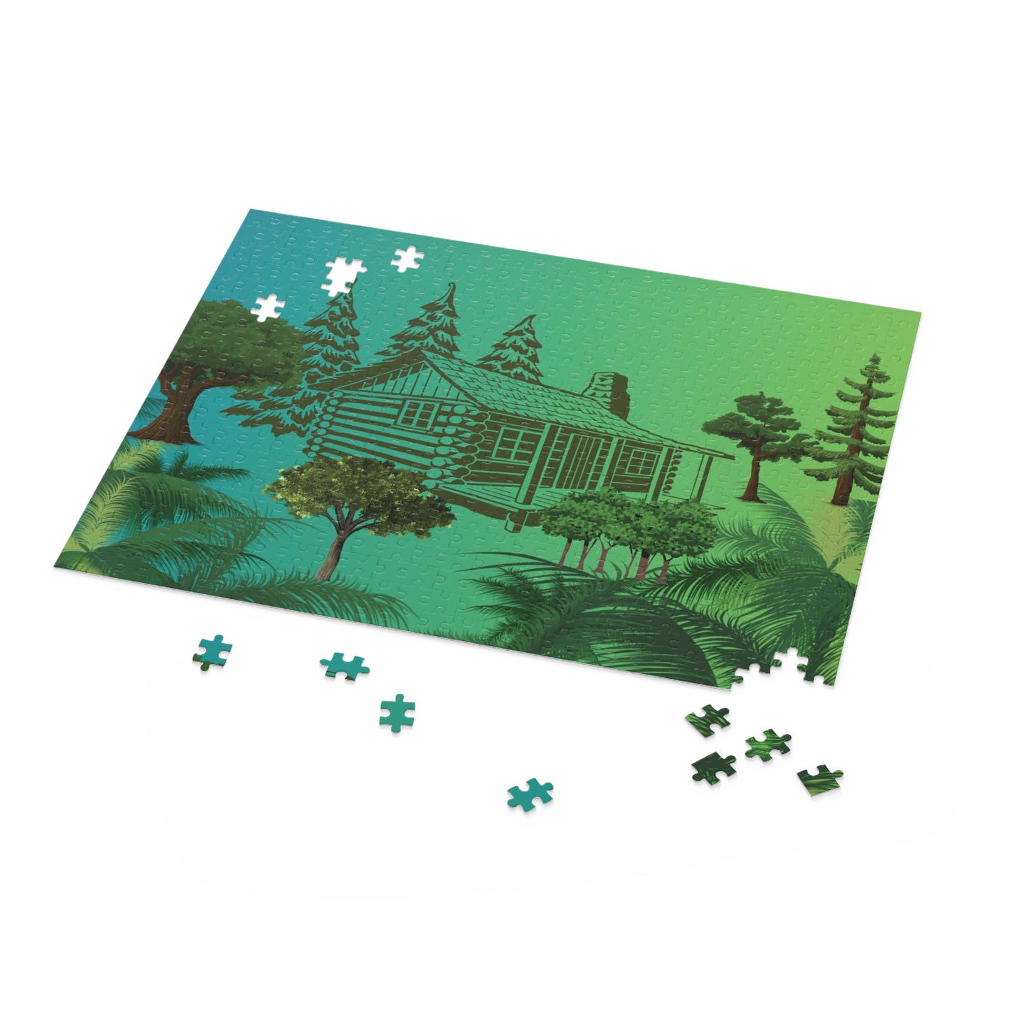 Log Cabin Jigsaw Puzzle, Outdoor Jigsaw Puzzle, Trees in Forest Puzzle, Log Cabin Puzzle, Green Forest Puzzle, Forest Jigsaw Puzzle.