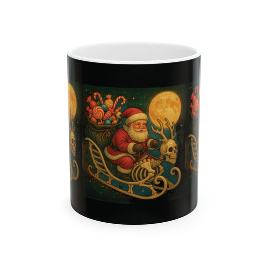 Xmas  Skeleton Reindeer Mug, Skeleton Sleigh Mug, Spooky Santa Mug, Gothic Xmas Mug, Santa Skeleton Mug