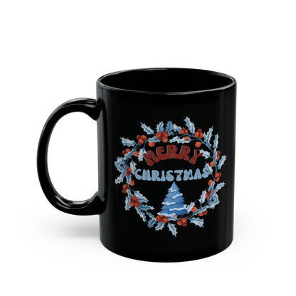 Xmas Wreath Mug, Merry Christmas Wreath Mug, Ceramic Wreath Coffee Mug, Wreath Holiday Mug, Christmas Wreath Coffee Mug, Black Wreath Mug.