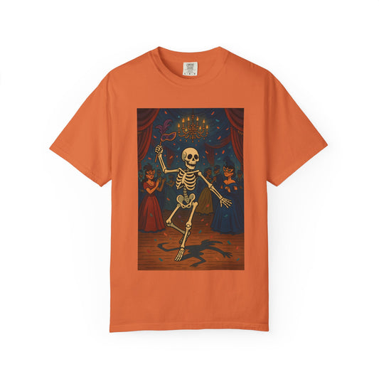 Dancing Skeleton Tee Shirt, Skeleton Masquerade Ball Tee, Spooky Party Shirt, Gothic Dance Top, Day Of The Dead Party Tee, Fall Festival Top