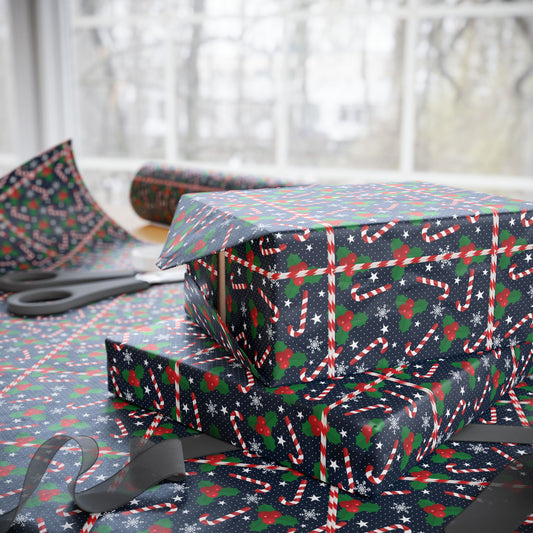 Christmas Candy Cane Wrapping Paper, Festive Holiday Gift Wrap, Holly and Snowflake Design Seasonal Christmas Paper