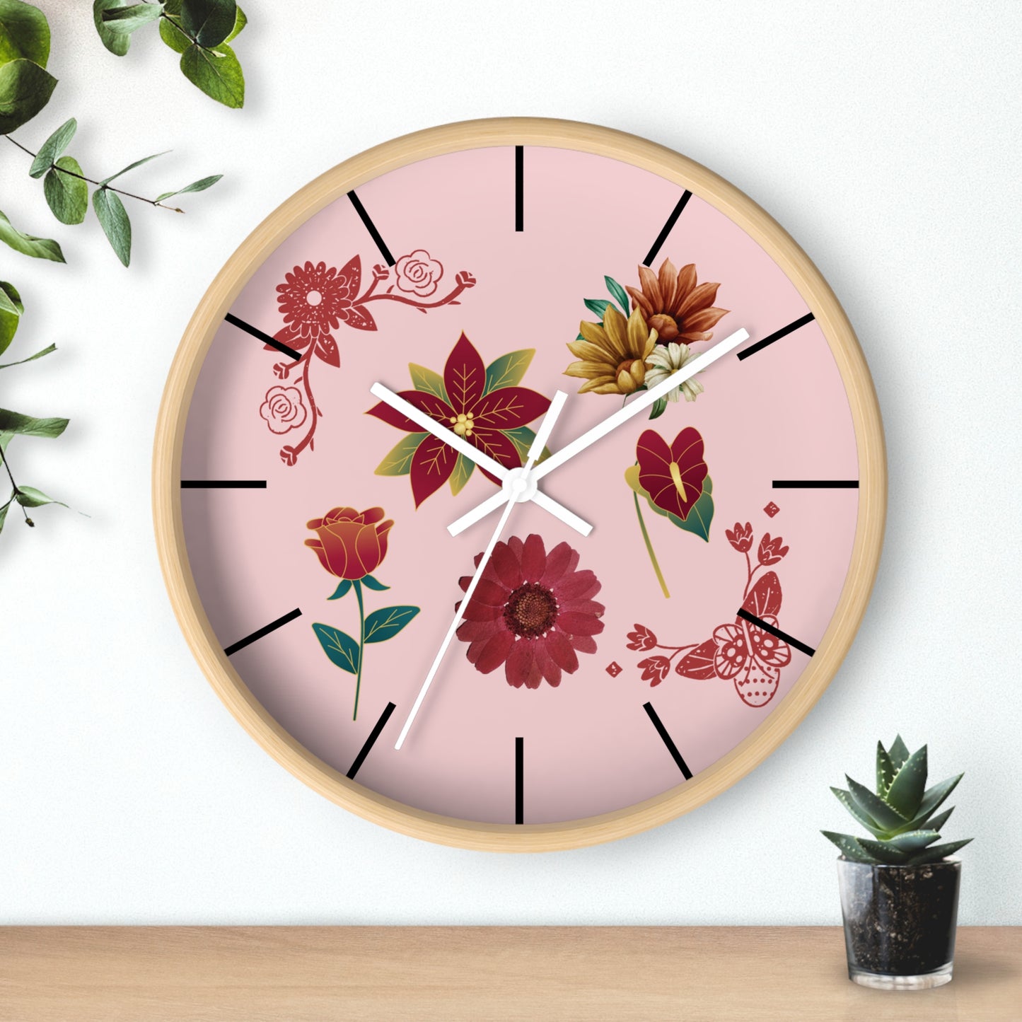 Red Floral Hand Clock, Pink Red Floral Wall Clock, Red Floral Wall Clock, Wildflower Wall Clock, Lined Wall Clock, Red Flower Wall Clock.