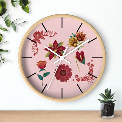 Red Floral Hand Clock, Pink Red Floral Wall Clock, Red Floral Wall Clock, Wildflower Wall Clock, Lined Wall Clock, Red Flower Wall Clock.