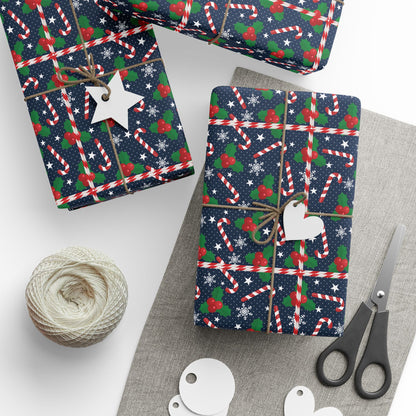 Christmas Candy Cane Wrapping Paper, Festive Holiday Gift Wrap, Holly and Snowflake Design Seasonal Christmas Paper