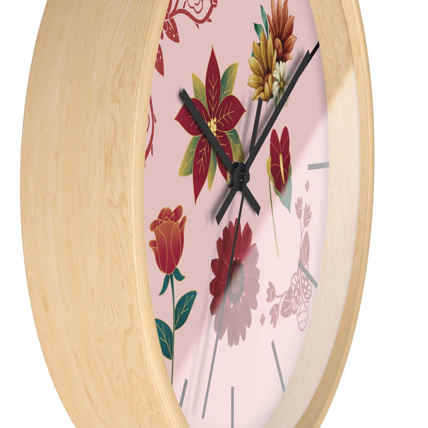 Red Floral Hand Clock, Pink Red Floral Wall Clock, Red Floral Wall Clock, Wildflower Wall Clock, Lined Wall Clock, Red Flower Wall Clock.