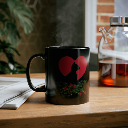 Love Cat Silhouette Mug, Lovable Cat Mug, Black Cat in Heart Mug, Silhouette Black Cat Mug, Black Cat Valentine Mug, I Love My Cat Mug.