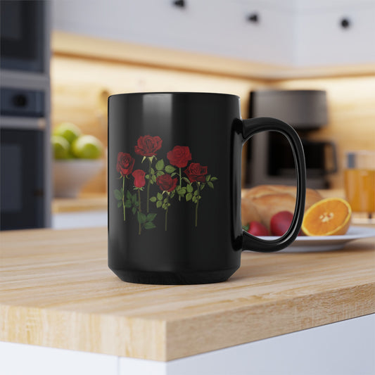 Long Stem Rose Mug, Minimalist Roses Mug, Mother's Red Rose Mug, Friendship Rose Mug, Red Rose Art Mug, Cottagecore Rose Black Mug.Black Mug (11oz, 15oz)