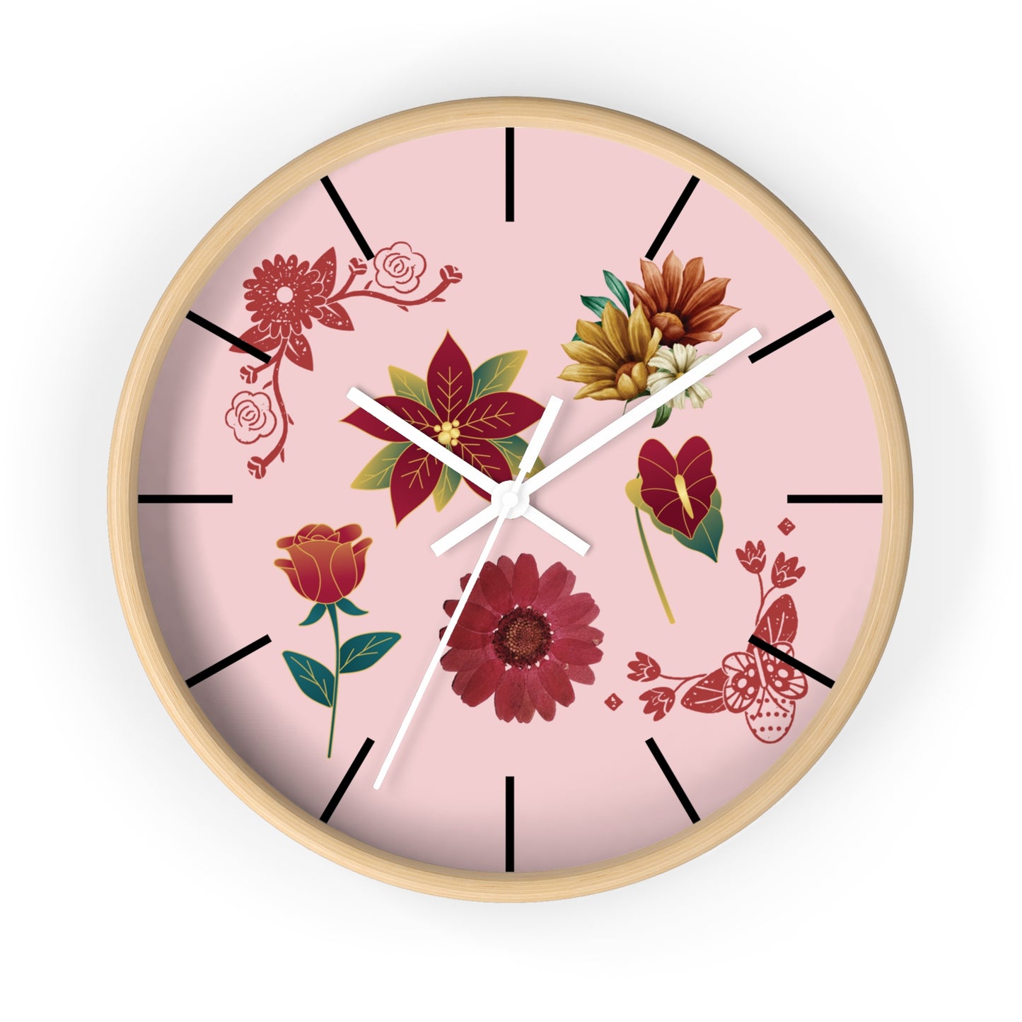 Red Floral Hand Clock, Pink Red Floral Wall Clock, Red Floral Wall Clock, Wildflower Wall Clock, Lined Wall Clock, Red Flower Wall Clock.
