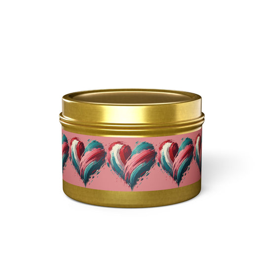 Valentine Heart Candle Tin – Romantic Brush Stroke Design, Love Aromatherapy Candle, Pink & Teal Heart Art Gift for Her