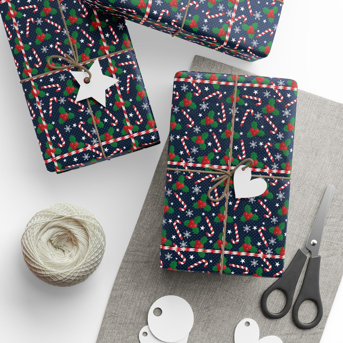 Christmas Candy Cane Wrapping Paper, Festive Holiday Gift Wrap, Holly and Snowflake Design Seasonal Christmas Paper