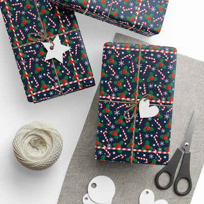 Christmas Candy Cane Wrapping Paper, Festive Holiday Gift Wrap, Holly and Snowflake Design Seasonal Christmas Paper