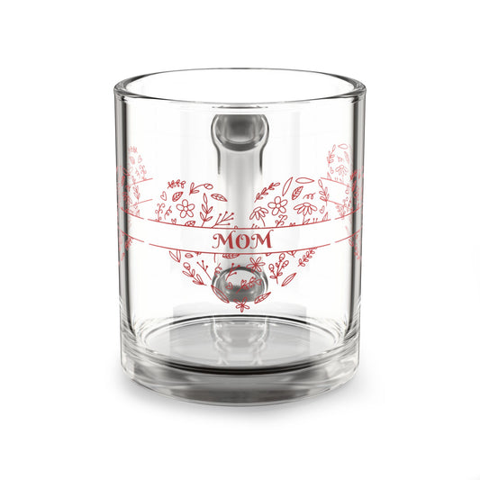 Transparent Mom Drinkware, 10oz Glass Mom Heart Mug, Hand Drawn Floral Heart Glass Mug, Clear Floral Glass Mug, Etched Mom Heart Glass Mug