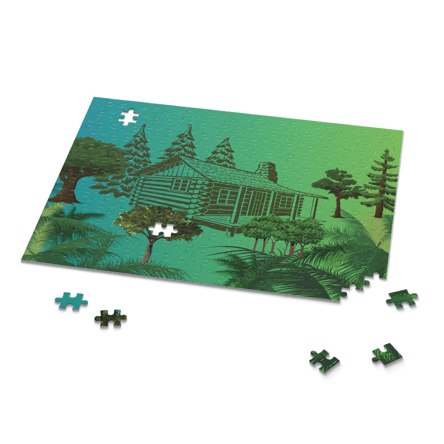 Log Cabin Jigsaw Puzzle, Outdoor Jigsaw Puzzle, Trees in Forest Puzzle, Log Cabin Puzzle, Green Forest Puzzle, Forest Jigsaw Puzzle.