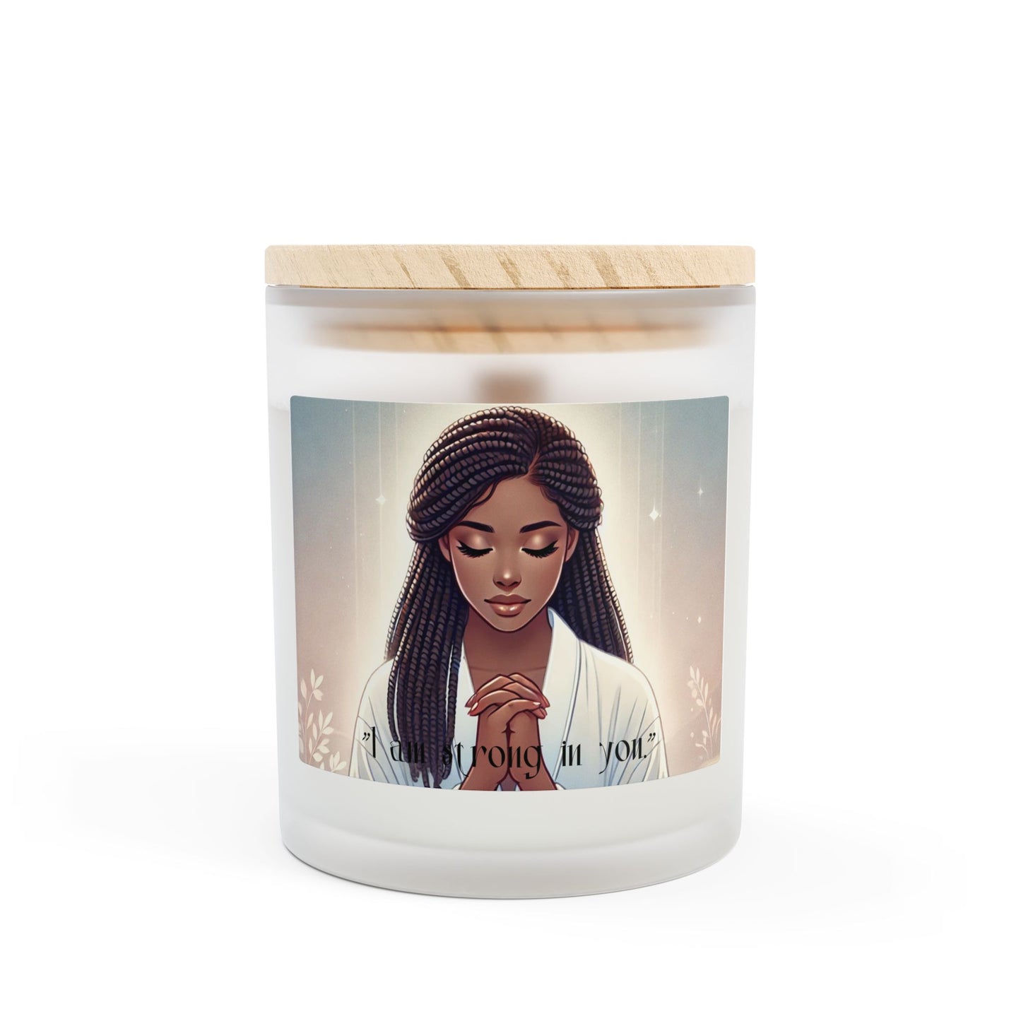 Frosted Glass Candle, 11oz - Young Lady Praying with the Strength of the Lord, Religious Candle, Christian Home Decor, Inspirational Gift,