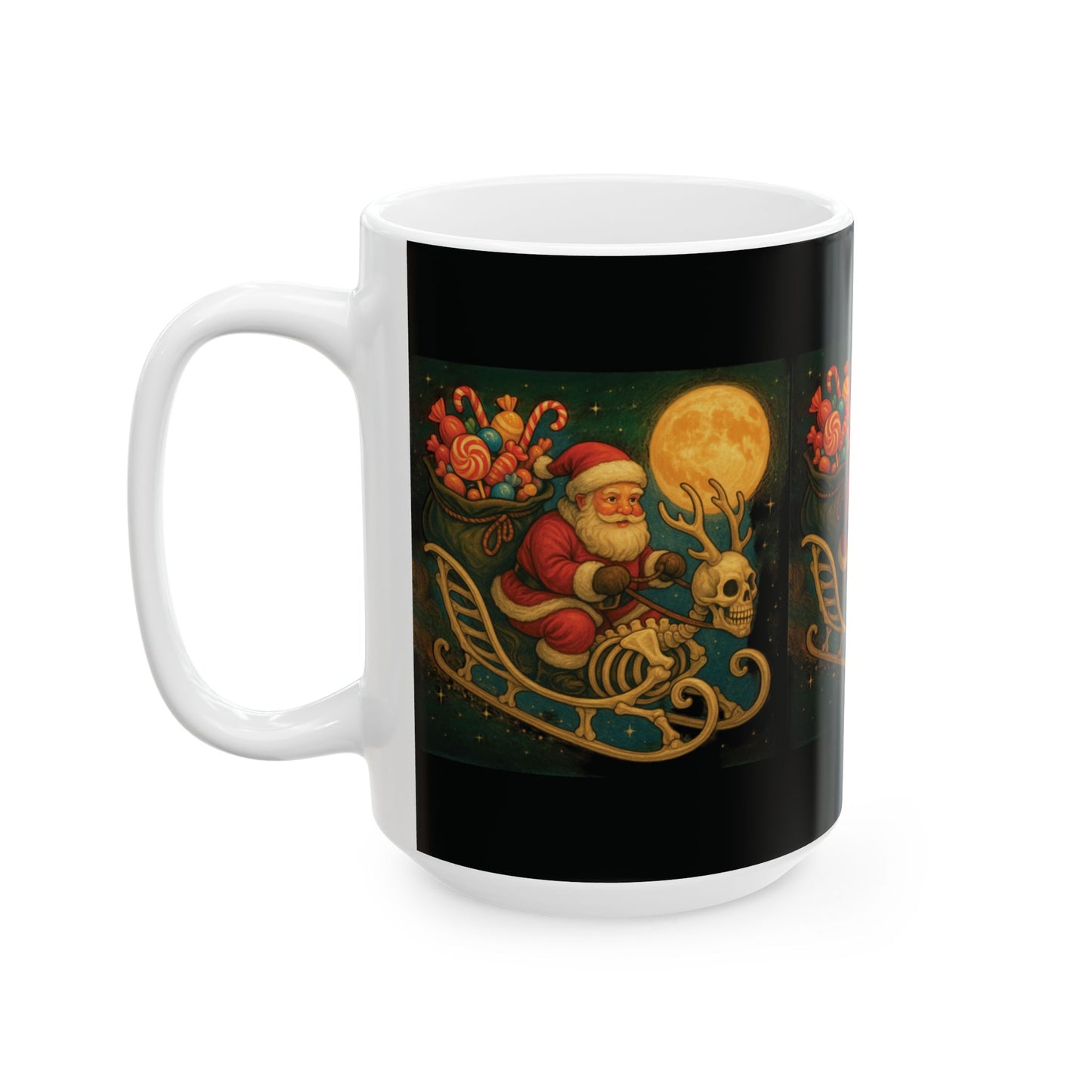 Xmas  Skeleton Reindeer Mug, Skeleton Sleigh Mug, Spooky Santa Mug, Gothic Xmas Mug, Santa Skeleton Mug