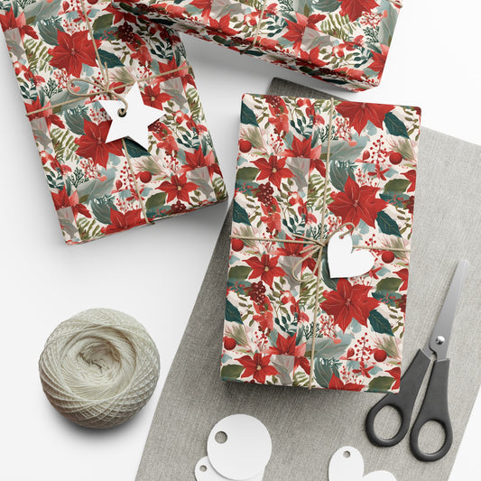 Red Poinsettia Christmas Wrapping Paper, Holiday Gift Wrap with Red Flowers & Greenery