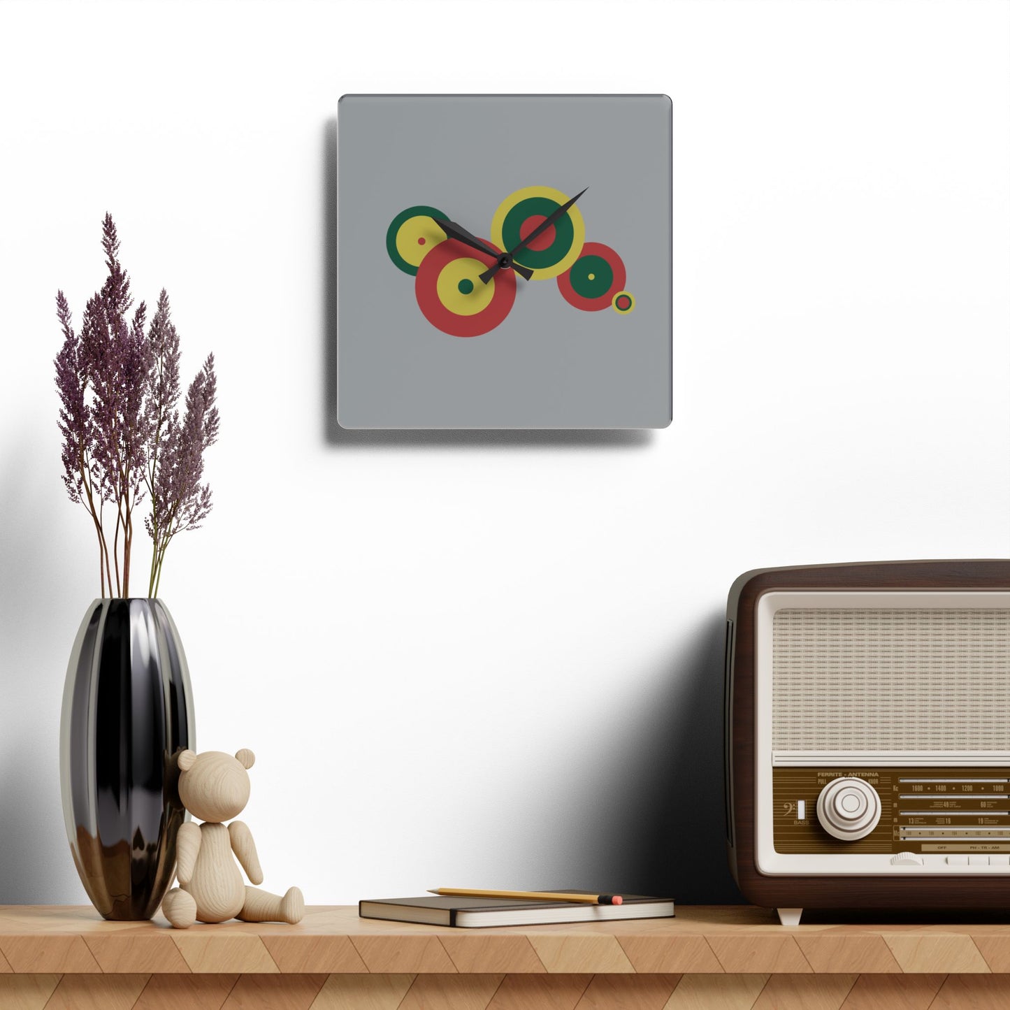 Minimal Circle Wall Clock, Abstract Acrylic Clock, Artistic Timepiece, Square Acrylic Wall Clock, Color Circles Clock, Retro modern Clock