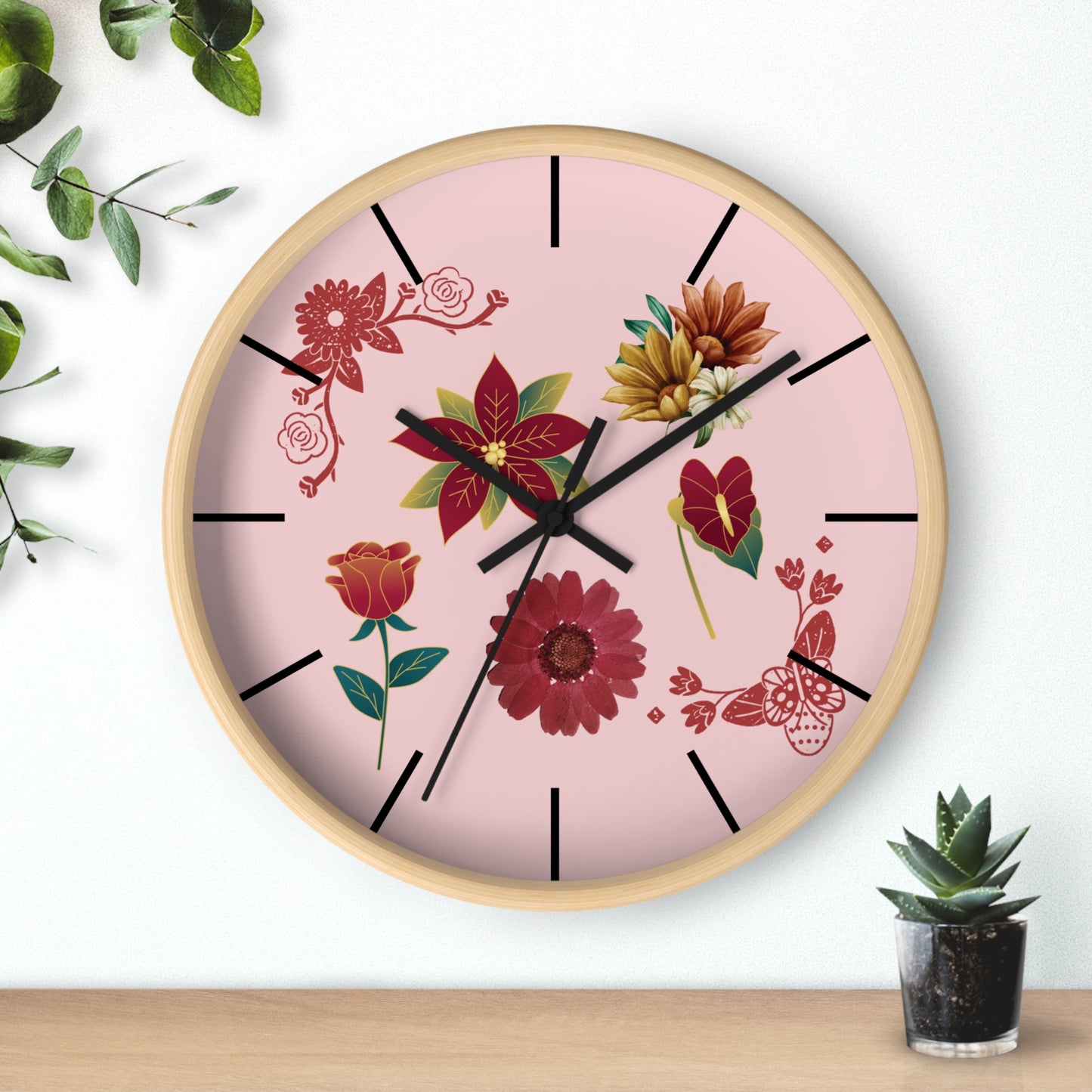 Red Floral Hand Clock, Pink Red Floral Wall Clock, Red Floral Wall Clock, Wildflower Wall Clock, Lined Wall Clock, Red Flower Wall Clock.