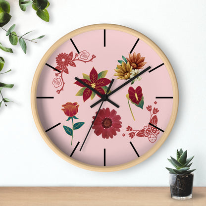Red Floral Hand Clock, Pink Red Floral Wall Clock, Red Floral Wall Clock, Wildflower Wall Clock, Lined Wall Clock, Red Flower Wall Clock.