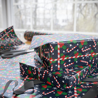 Christmas Candy Cane Wrapping Paper, Festive Holiday Gift Wrap, Holly and Snowflake Design Seasonal Christmas Paper