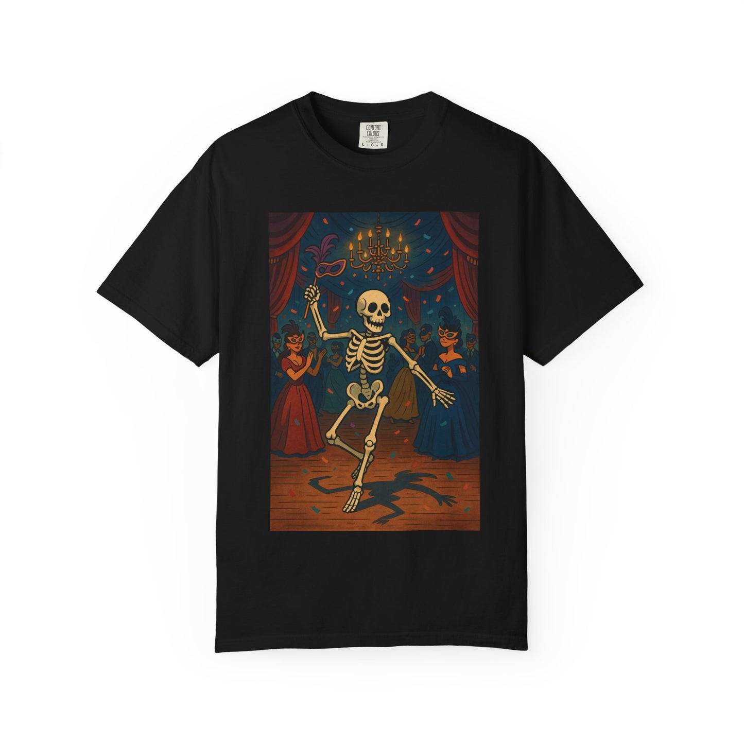 Dancing Skeleton Tee Shirt, Skeleton Masquerade Ball Tee, Spooky Party Shirt, Gothic Dance Top, Day Of The Dead Party Tee, Fall Festival Top