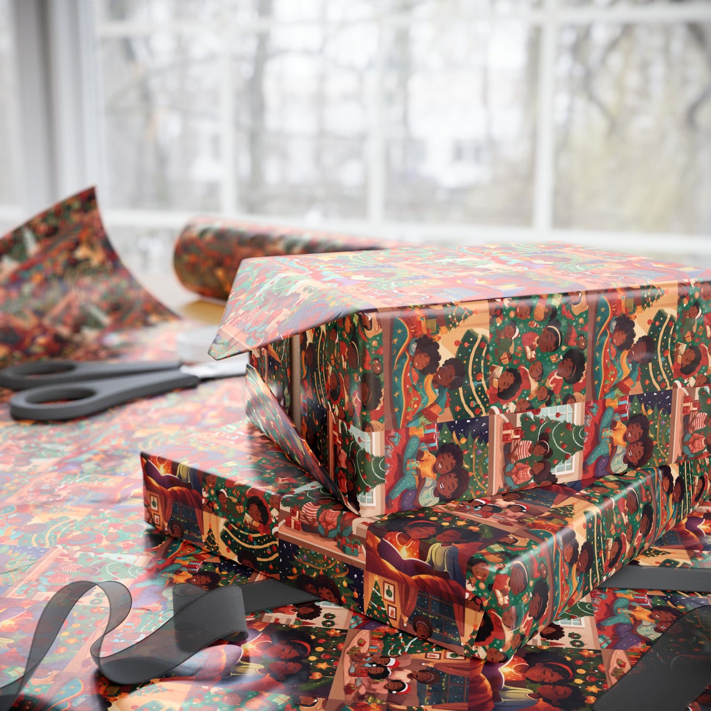 Children Storytime Christmas Scene Wrapping Paper African American Family Holiday Gift Wrap Black Kids Xmas Wrap