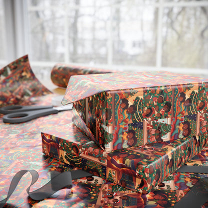 Children Storytime Christmas Scene Wrapping Paper African American Family Holiday Gift Wrap Black Kids Xmas Wrap