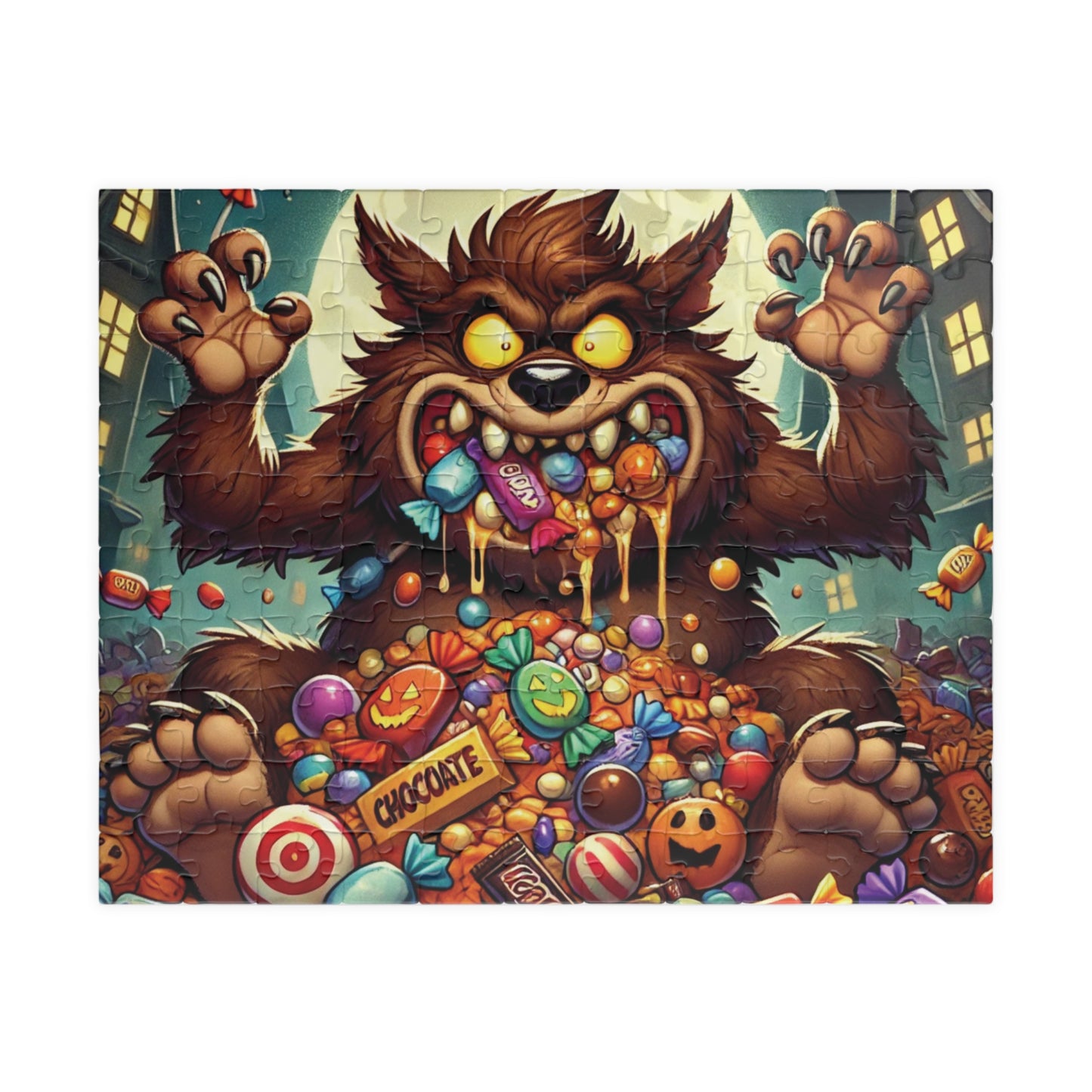 Werewolf Cartoon Puzzle, Monster Candy Puzzle, Werewolf Halloween Puzzle, Scary Fun Puzzle, Spooky Monster Jigsaw, Halloween Candy Puzzle