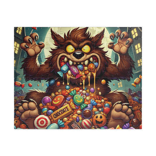 Werewolf Cartoon Puzzle, Monster Candy Puzzle, Werewolf Halloween Puzzle, Scary Fun Puzzle, Spooky Monster Jigsaw, Halloween Candy Puzzle