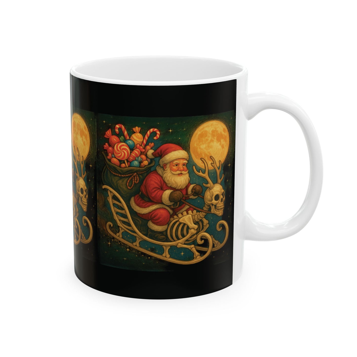 Xmas  Skeleton Reindeer Mug, Skeleton Sleigh Mug, Spooky Santa Mug, Gothic Xmas Mug, Santa Skeleton Mug